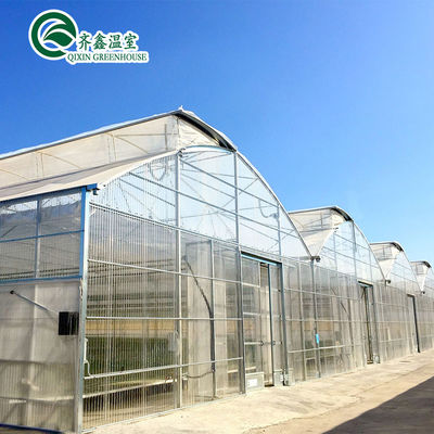 Serre agricole multi-span con sistemi di coltivazione idroponica in contenitori usati